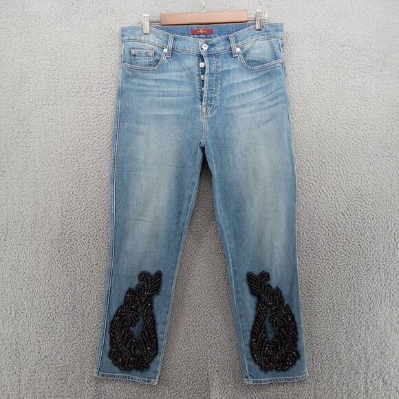 7 For All‎ Mankind Jeans Womens 32 Blue Straight Button Fly Sequin Beaded - Picture 1 of 10